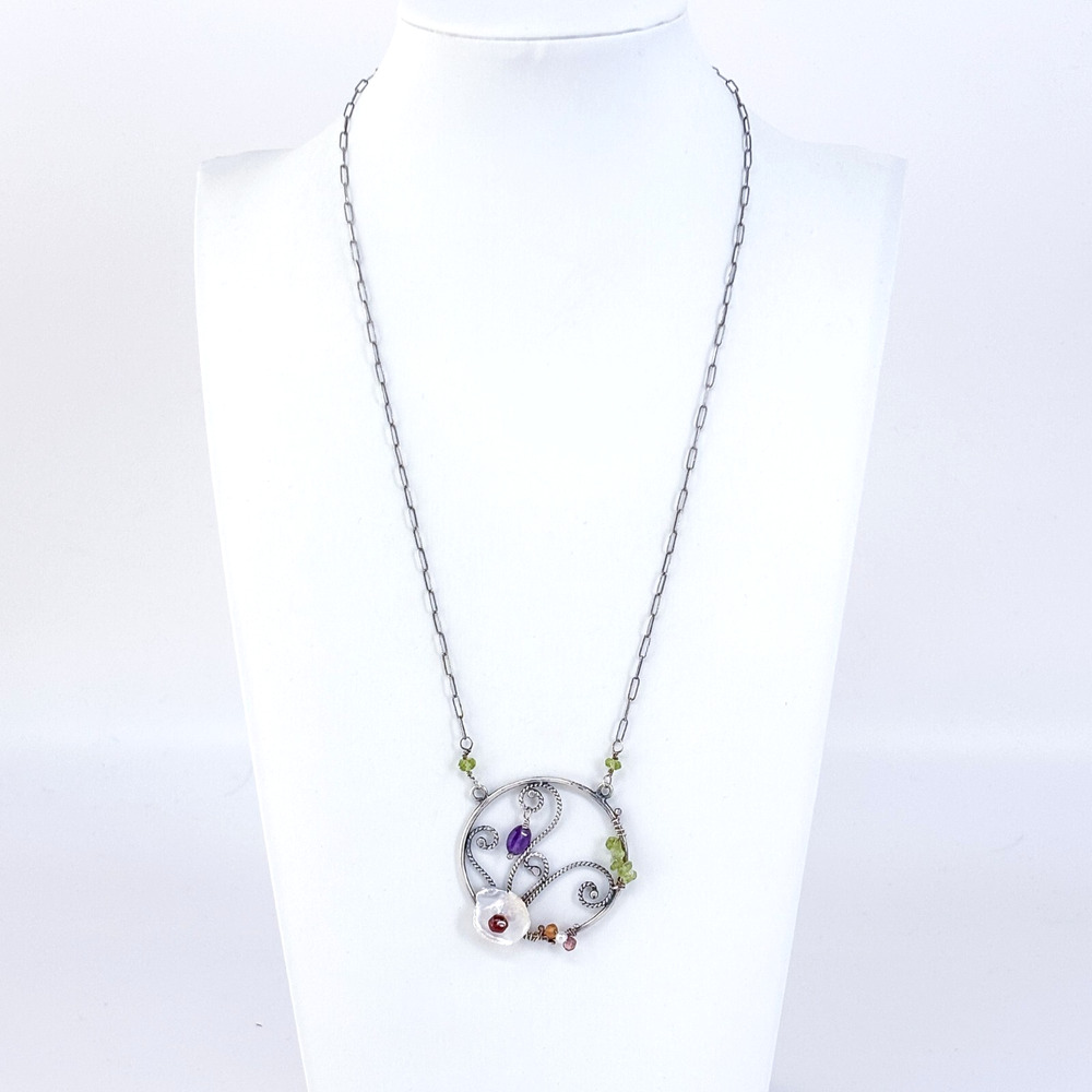 Vintage Sterling Silver 925 Multi Gemstone Floral Necklace 19”